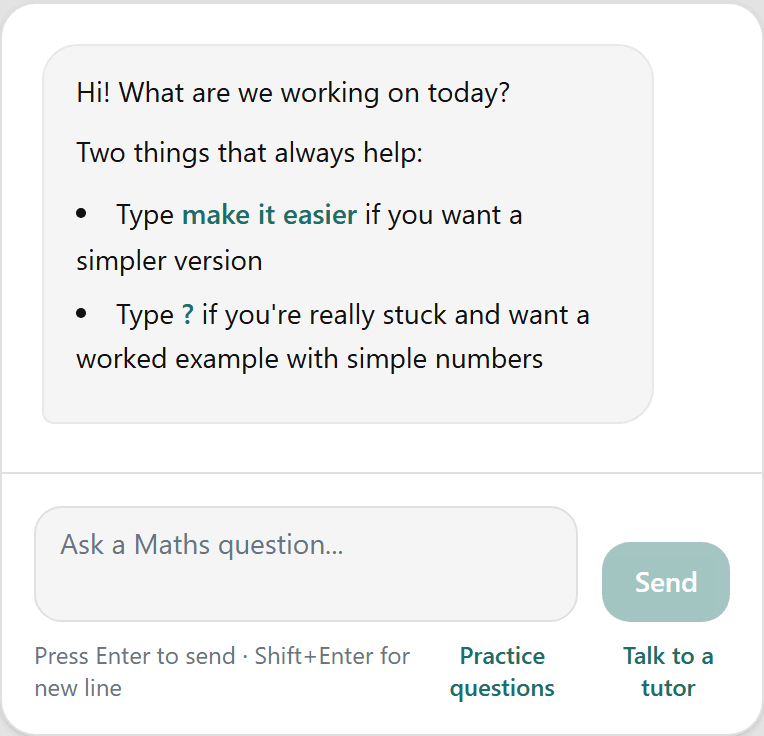 AI Tutor chat screen showing the welcome message, question input, practice questions, and talk to a tutor action.